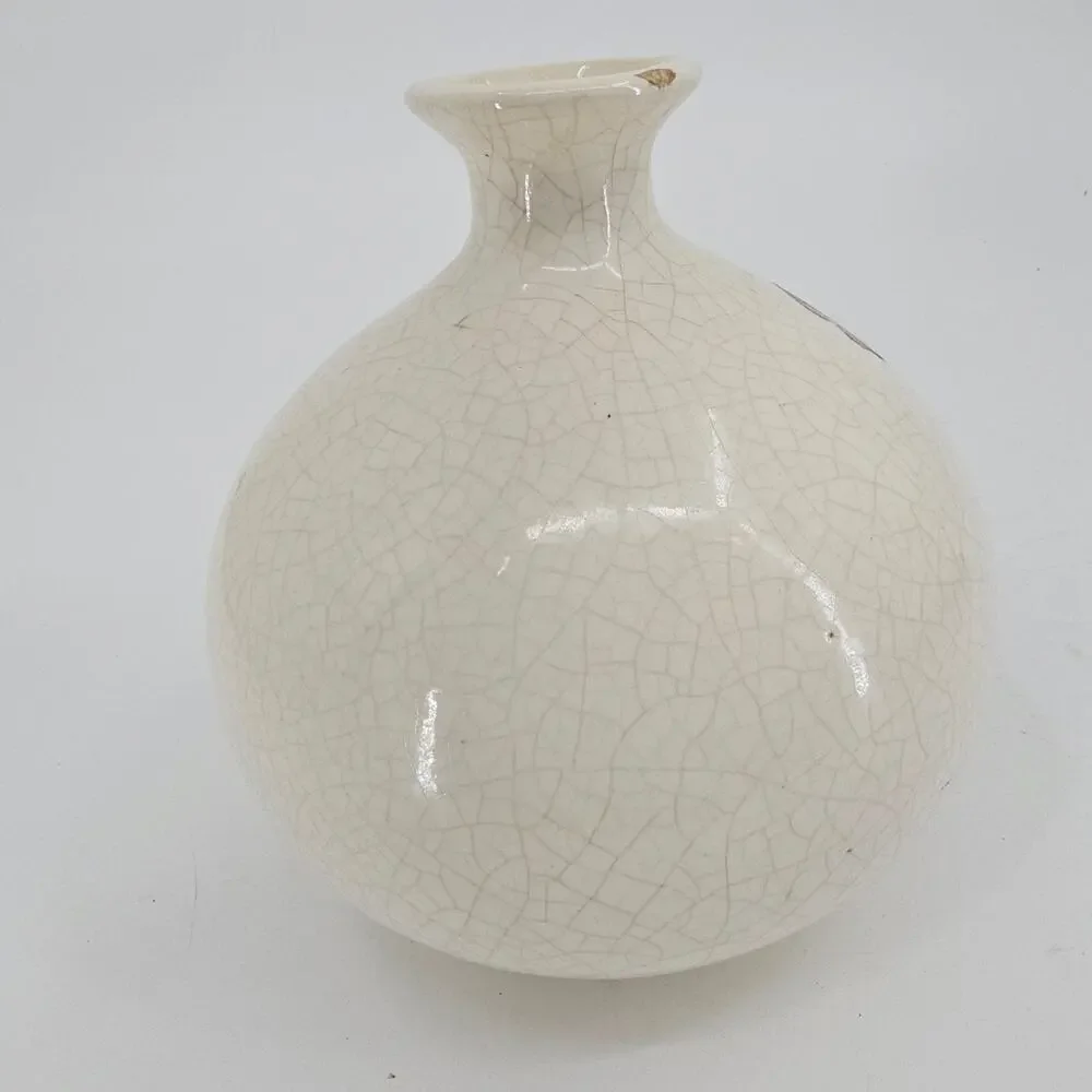 Vintage Japanese Crackle Craze Pottery Vase Butterfly Floral White 7” Tall